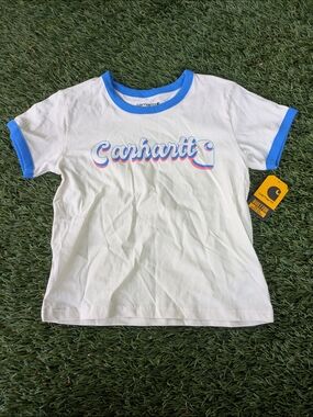 NEW- Carhartt Kids White Tee with Bright Blue Trim and Retro Logo